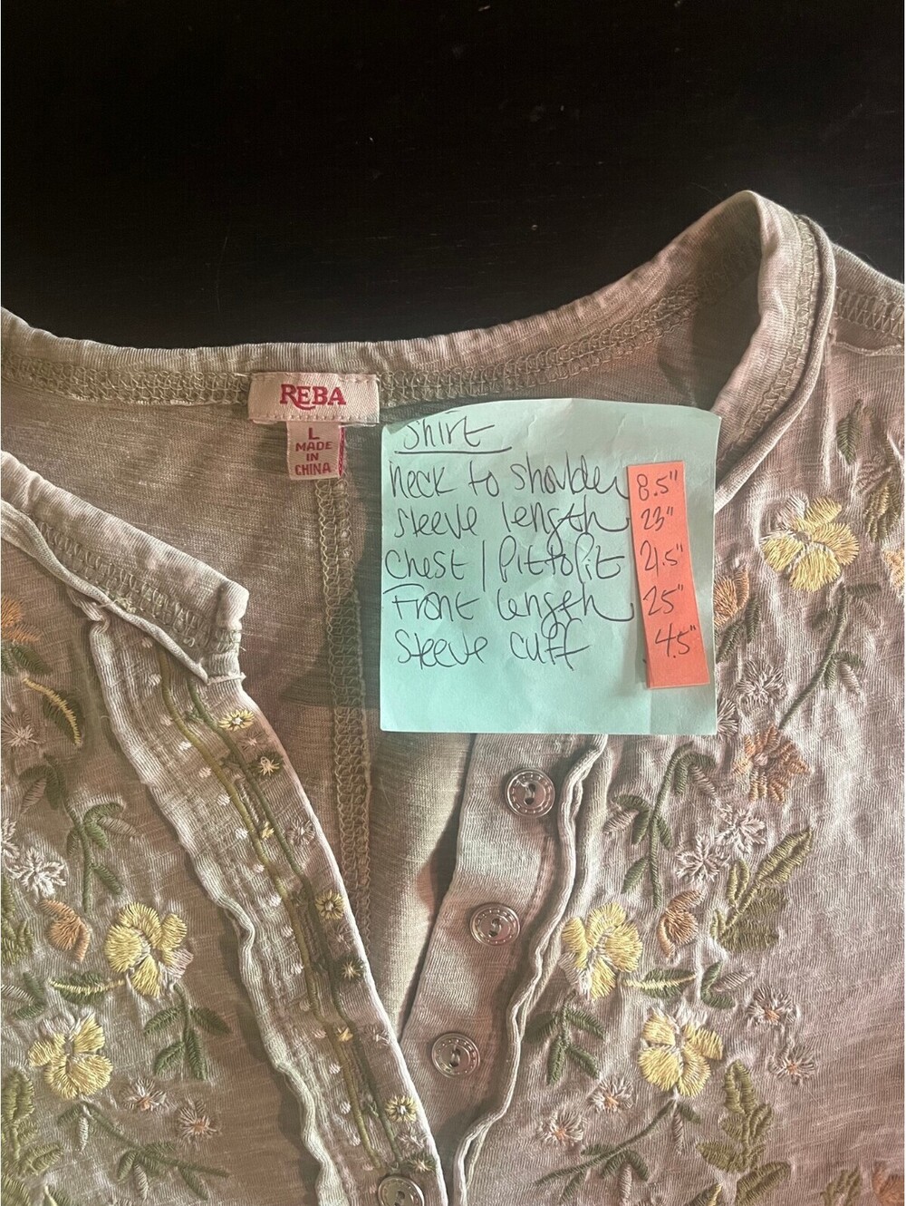 Reba Sedona Jersey Dillards Boho Embroidered L Large Distressed Loden Henley - Picture 2 of 7